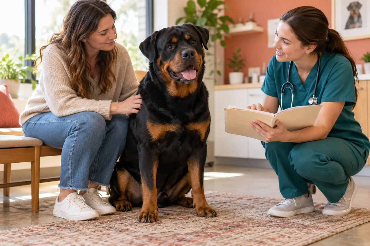 Owner and veterinarian discussing records beside a black-and-tan dog